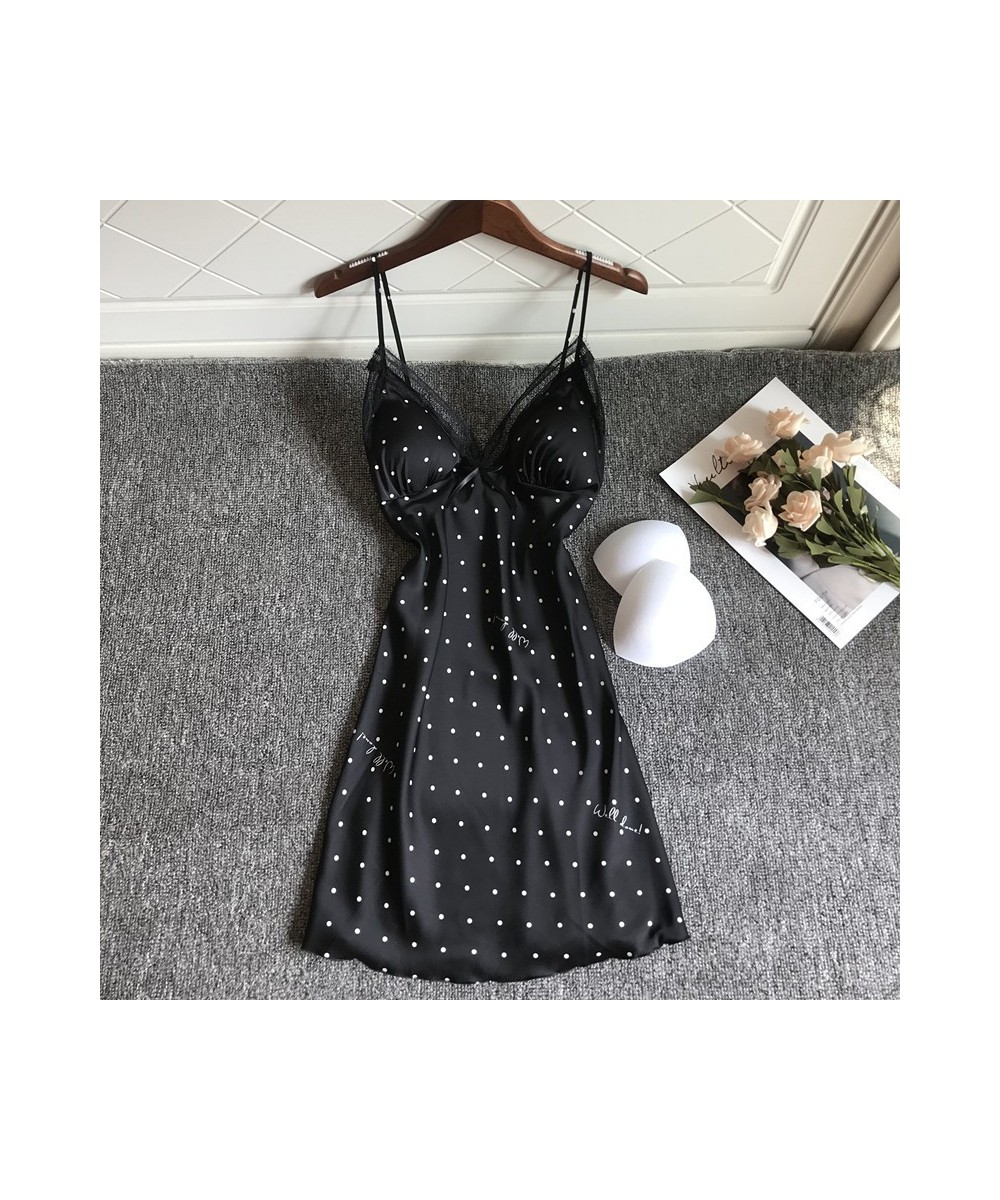 Summer Lace Sexy Dot Nightgown Women Thin Hollow Out Ice Silk Strap Chest Pad Nightdress $24.64 - Sleepwears