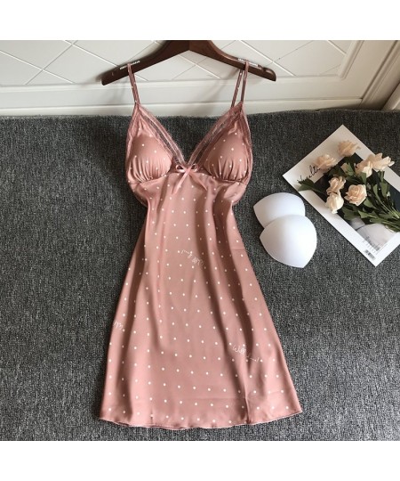 Summer Lace Sexy Dot Nightgown Women Thin Hollow Out Ice Silk Strap Chest Pad Nightdress $24.64 - Sleepwears