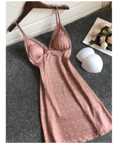 Summer Lace Sexy Dot Nightgown Women Thin Hollow Out Ice Silk Strap Chest Pad Nightdress $24.64 - Sleepwears