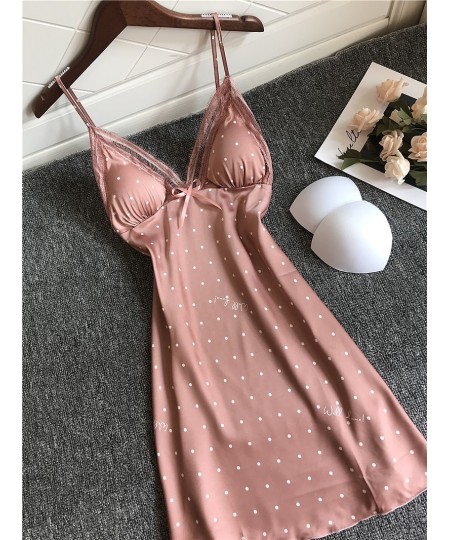 Summer Lace Sexy Dot Nightgown Women Thin Hollow Out Ice Silk Strap Chest Pad Nightdress $24.64 - Sleepwears