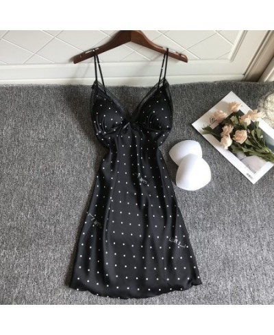 Summer Lace Sexy Dot Nightgown Women Thin Hollow Out Ice Silk Strap Chest Pad Nightdress $24.64 - Sleepwears