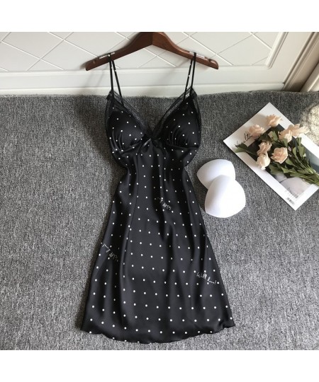 Summer Lace Sexy Dot Nightgown Women Thin Hollow Out Ice Silk Strap Chest Pad Nightdress $24.64 - Sleepwears