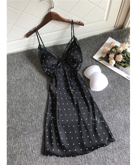 Summer Lace Sexy Dot Nightgown Women Thin Hollow Out Ice Silk Strap Chest Pad Nightdress $24.64 - Sleepwears