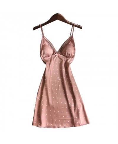 Summer Lace Sexy Dot Nightgown Women Thin Hollow Out Ice Silk Strap Chest Pad Nightdress $24.64 - Sleepwears