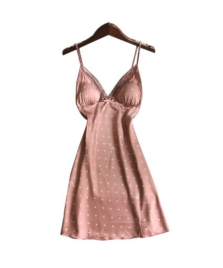 Summer Lace Sexy Dot Nightgown Women Thin Hollow Out Ice Silk Strap Chest Pad Nightdress $24.64 - Sleepwears