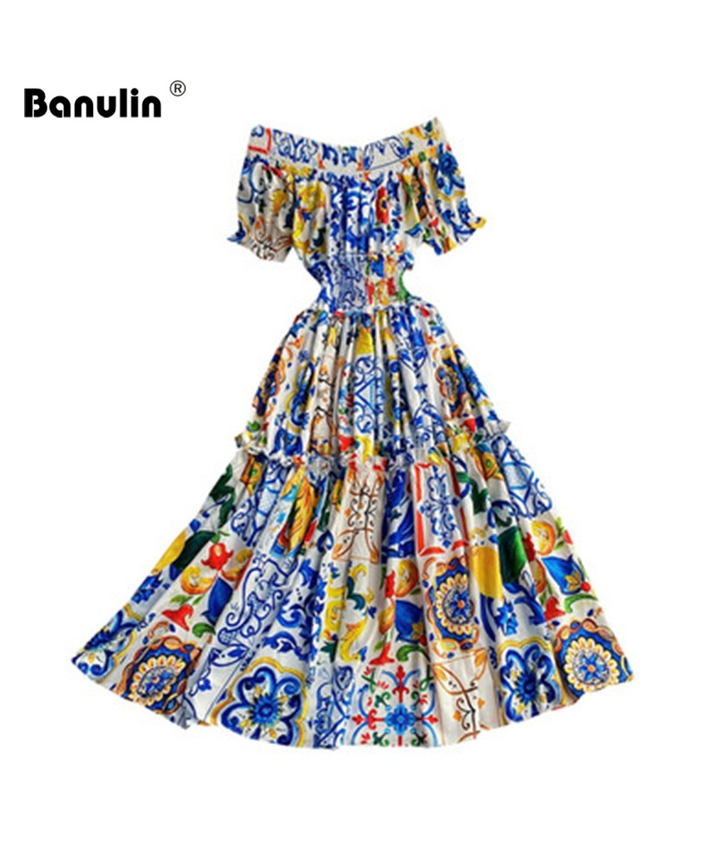 2023 Women Summer Bohemian Porcelain Printed Flower Dress Off Shoulder Puff Sleeve Elastic Waist Runway Midi Dress B7218 $49....