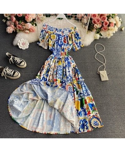 2023 Women Summer Bohemian Porcelain Printed Flower Dress Off Shoulder Puff Sleeve Elastic Waist Runway Midi Dress B7218 $49....