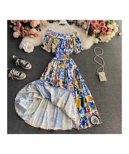 2023 Women Summer Bohemian Porcelain Printed Flower Dress Off Shoulder Puff Sleeve Elastic Waist Runway Midi Dress B7218 $49....