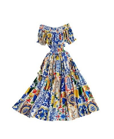 2023 Women Summer Bohemian Porcelain Printed Flower Dress Off Shoulder Puff Sleeve Elastic Waist Runway Midi Dress B7218 $49....