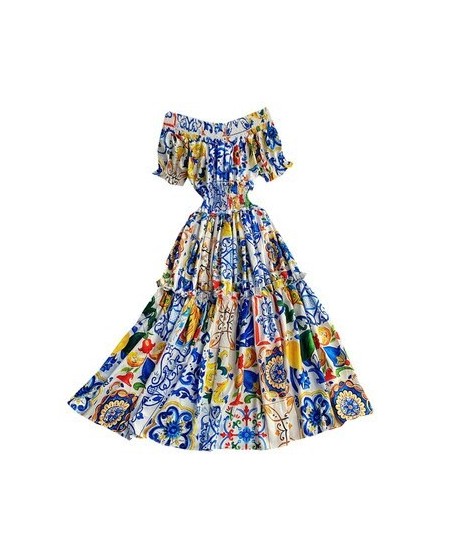 2023 Women Summer Bohemian Porcelain Printed Flower Dress Off Shoulder Puff Sleeve Elastic Waist Runway Midi Dress B7218 $49....