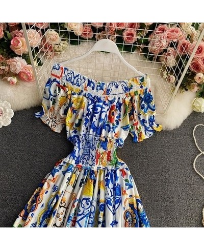 2023 Women Summer Bohemian Porcelain Printed Flower Dress Off Shoulder Puff Sleeve Elastic Waist Runway Midi Dress B7218 $49....