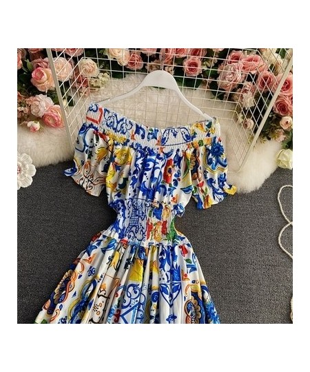 2023 Women Summer Bohemian Porcelain Printed Flower Dress Off Shoulder Puff Sleeve Elastic Waist Runway Midi Dress B7218 $49....