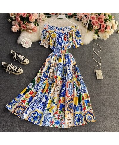 2023 Women Summer Bohemian Porcelain Printed Flower Dress Off Shoulder Puff Sleeve Elastic Waist Runway Midi Dress B7218 $49....