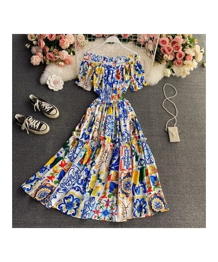 2023 Women Summer Bohemian Porcelain Printed Flower Dress Off Shoulder Puff Sleeve Elastic Waist Runway Midi Dress B7218 $49....