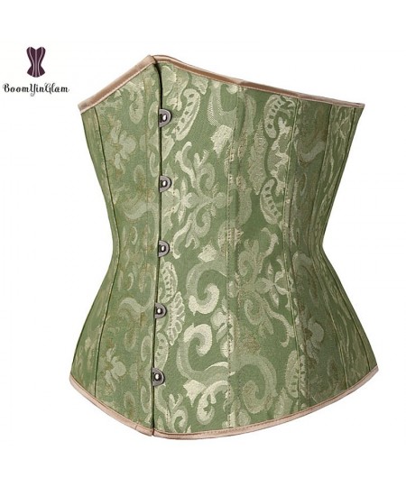 Jacquard Floral Green Corset Underbust Push Up Corsets Plastic Boned Bustier Plus Size Korset Solid Waist Cincher With G-stri...