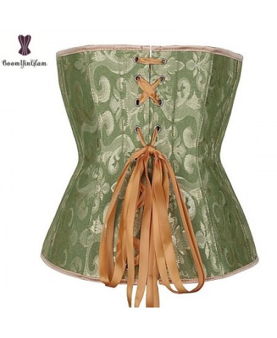 Jacquard Floral Green Corset Underbust Push Up Corsets Plastic Boned Bustier Plus Size Korset Solid Waist Cincher With G-stri...