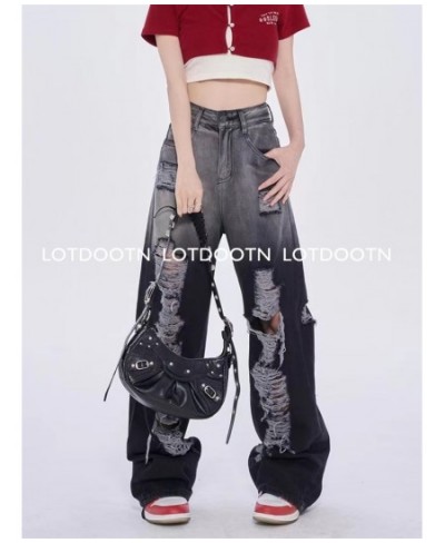 Black Washed Ripped Jeans Y2k Retro High Street Fashion High Waist Jeans Gradient Color Harajuku Casual Wide Leg Pants $54.23...