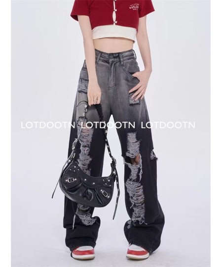 Black Washed Ripped Jeans Y2k Retro High Street Fashion High Waist Jeans Gradient Color Harajuku Casual Wide Leg Pants $54.23...