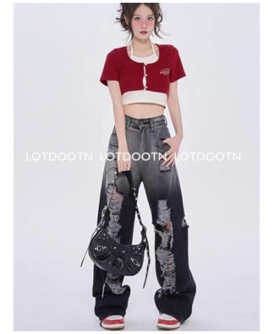 Black Washed Ripped Jeans Y2k Retro High Street Fashion High Waist Jeans Gradient Color Harajuku Casual Wide Leg Pants $54.23...