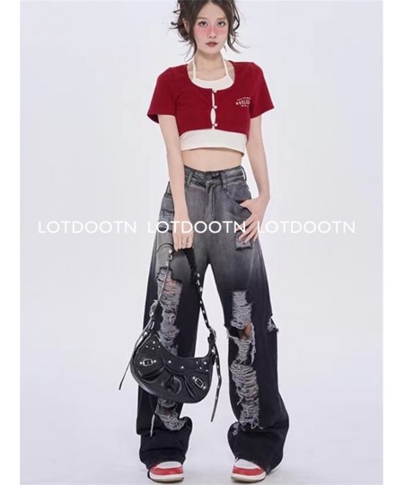 Black Washed Ripped Jeans Y2k Retro High Street Fashion High Waist Jeans Gradient Color Harajuku Casual Wide Leg Pants $54.23...