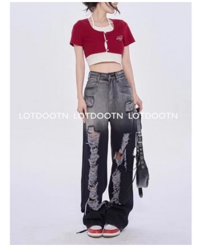 Black Washed Ripped Jeans Y2k Retro High Street Fashion High Waist Jeans Gradient Color Harajuku Casual Wide Leg Pants $54.23...