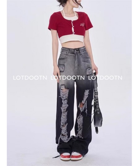 Black Washed Ripped Jeans Y2k Retro High Street Fashion High Waist Jeans Gradient Color Harajuku Casual Wide Leg Pants $54.23...