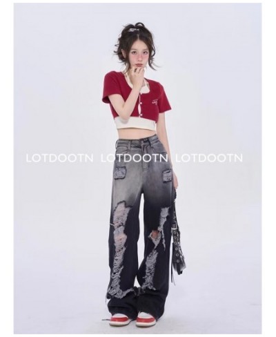 Black Washed Ripped Jeans Y2k Retro High Street Fashion High Waist Jeans Gradient Color Harajuku Casual Wide Leg Pants $54.23...