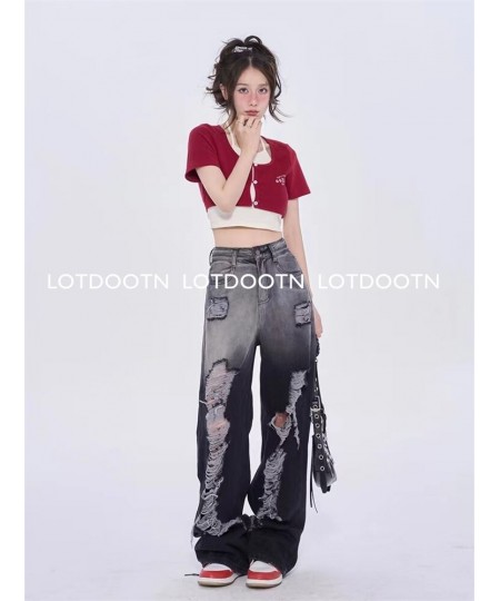 Black Washed Ripped Jeans Y2k Retro High Street Fashion High Waist Jeans Gradient Color Harajuku Casual Wide Leg Pants $54.23...