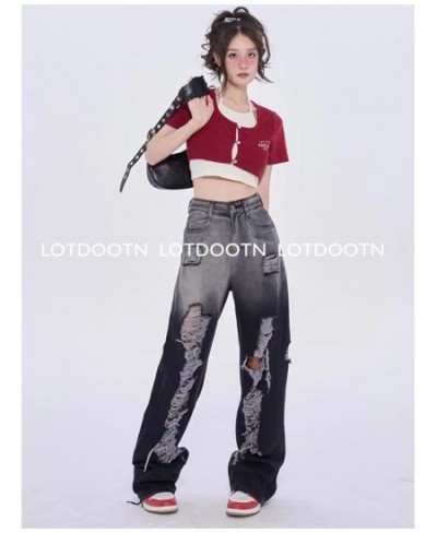 Black Washed Ripped Jeans Y2k Retro High Street Fashion High Waist Jeans Gradient Color Harajuku Casual Wide Leg Pants $54.23...