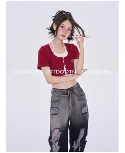 Black Washed Ripped Jeans Y2k Retro High Street Fashion High Waist Jeans Gradient Color Harajuku Casual Wide Leg Pants $54.23...