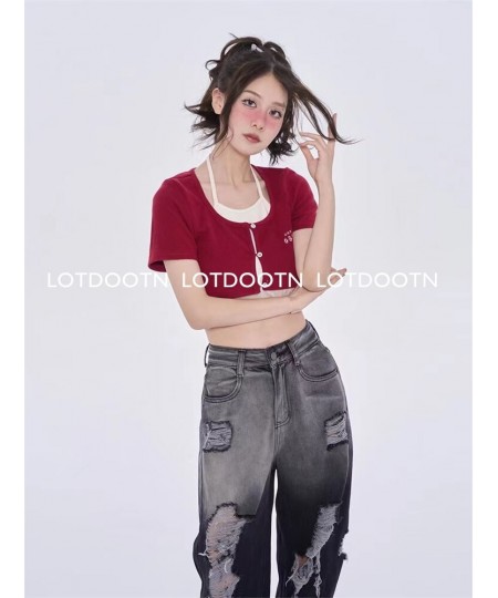 Black Washed Ripped Jeans Y2k Retro High Street Fashion High Waist Jeans Gradient Color Harajuku Casual Wide Leg Pants $54.23...