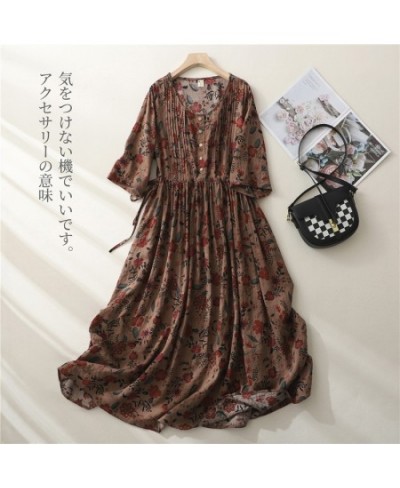 2023 Cotton Linen Organ Pleat Print Floral Fashion Spring Summer Dress Office Lady Work Dress Women Casual Dress $39.82 - Dre...