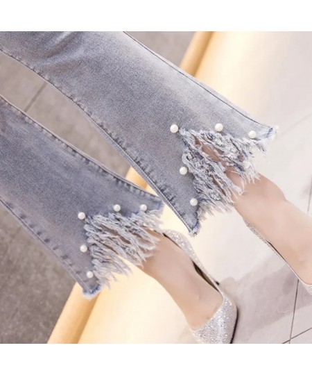 2022 Spring Autumn New High Waist Micro-Flare Jeans Female Student Elasticity Thin Hole Straight Ninth Pants Women Summer Dre...