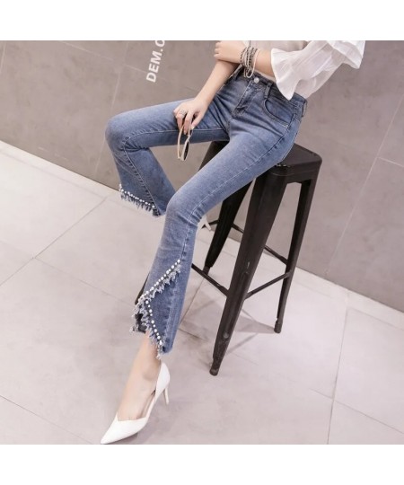 2022 Spring Autumn New High Waist Micro-Flare Jeans Female Student Elasticity Thin Hole Straight Ninth Pants Women Summer Dre...