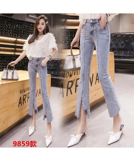 2022 Spring Autumn New High Waist Micro-Flare Jeans Female Student Elasticity Thin Hole Straight Ninth Pants Women Summer Dre...