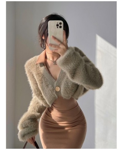 Sexy V-Neck Plush Coat Short Top Imitation Mink Hair Cardigan Women Fashion Plush Casual Sweater Korean Elegant Faux Fur Tedd...