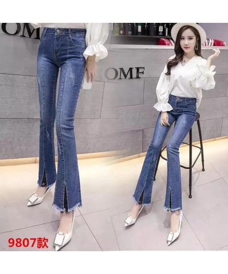 2022 Spring Autumn New High Waist Micro-Flare Jeans Female Student Elasticity Thin Hole Straight Ninth Pants Women Summer Dre...