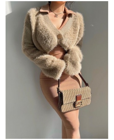 Sexy V-Neck Plush Coat Short Top Imitation Mink Hair Cardigan Women Fashion Plush Casual Sweater Korean Elegant Faux Fur Tedd...