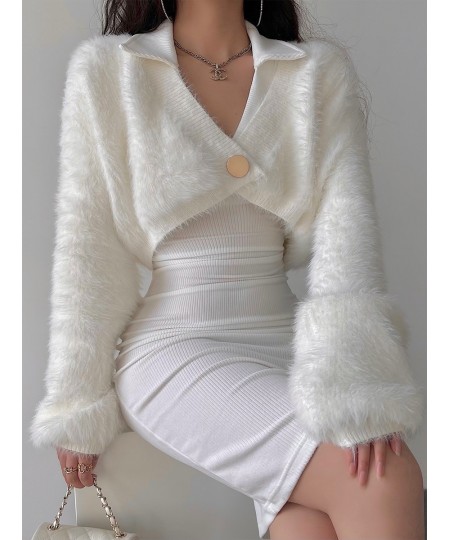 Sexy V-Neck Plush Coat Short Top Imitation Mink Hair Cardigan Women Fashion Plush Casual Sweater Korean Elegant Faux Fur Tedd...