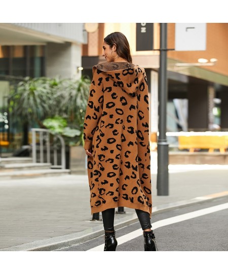 Women Leopard Print Long Sleeve Knittd Cardigan Open Front Autumn Winter Sweater Outwear Coat with Pocket $54.19 - Sweaters