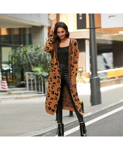 Women Leopard Print Long Sleeve Knittd Cardigan Open Front Autumn Winter Sweater Outwear Coat with Pocket $54.19 - Sweaters