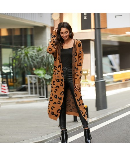 Women Leopard Print Long Sleeve Knittd Cardigan Open Front Autumn Winter Sweater Outwear Coat with Pocket $54.19 - Sweaters