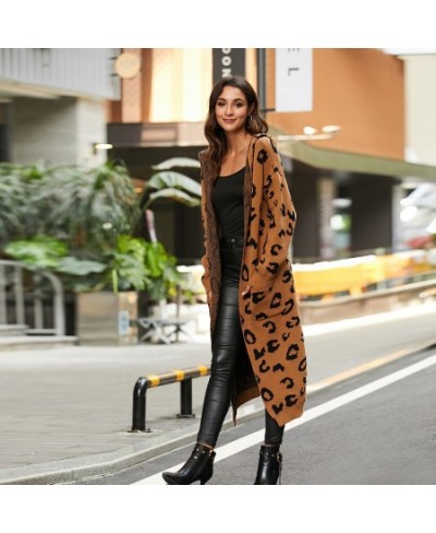 Women Leopard Print Long Sleeve Knittd Cardigan Open Front Autumn Winter Sweater Outwear Coat with Pocket $54.19 - Sweaters