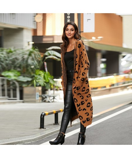 Women Leopard Print Long Sleeve Knittd Cardigan Open Front Autumn Winter Sweater Outwear Coat with Pocket $54.19 - Sweaters