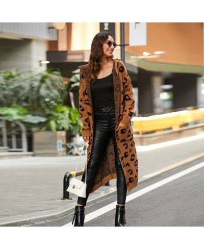 Women Leopard Print Long Sleeve Knittd Cardigan Open Front Autumn Winter Sweater Outwear Coat with Pocket $54.19 - Sweaters