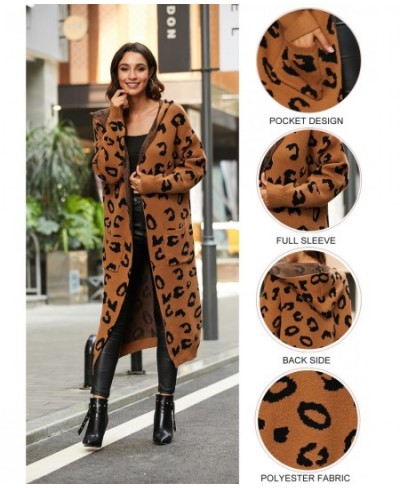 Women Leopard Print Long Sleeve Knittd Cardigan Open Front Autumn Winter Sweater Outwear Coat with Pocket $54.19 - Sweaters