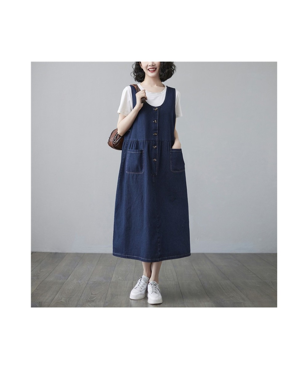 Spring Summer Denim Overalls Dress Women Sleeveless A-line Jeans Dress Female V Neck Single Breasted Midi Dresses Ladies $53....