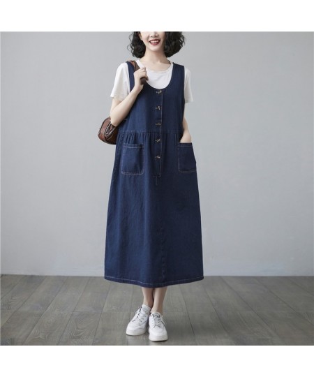 Spring Summer Denim Overalls Dress Women Sleeveless A-line Jeans Dress Female V Neck Single Breasted Midi Dresses Ladies $53....