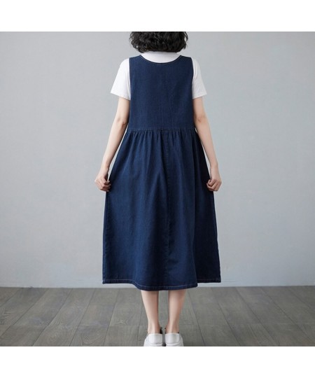 Spring Summer Denim Overalls Dress Women Sleeveless A-line Jeans Dress Female V Neck Single Breasted Midi Dresses Ladies $53....