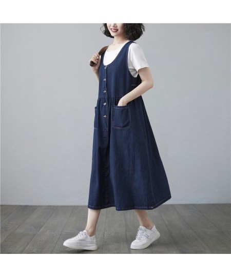 Spring Summer Denim Overalls Dress Women Sleeveless A-line Jeans Dress Female V Neck Single Breasted Midi Dresses Ladies $53....